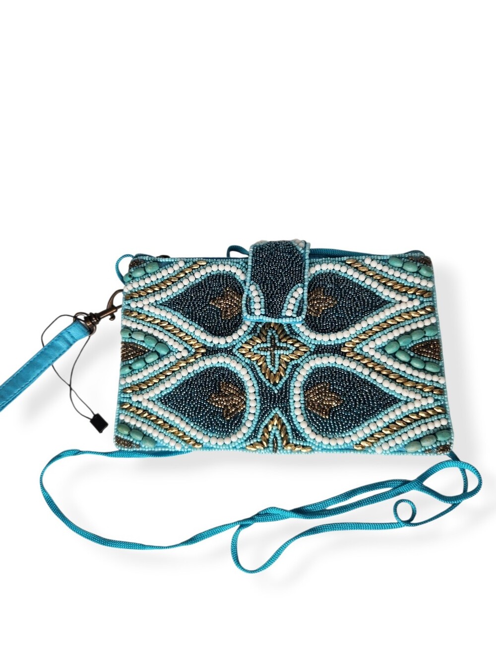 NEW Bamboo Trading Company Beaded Turquoise Wristlet Crossbody Bag Blue Satin